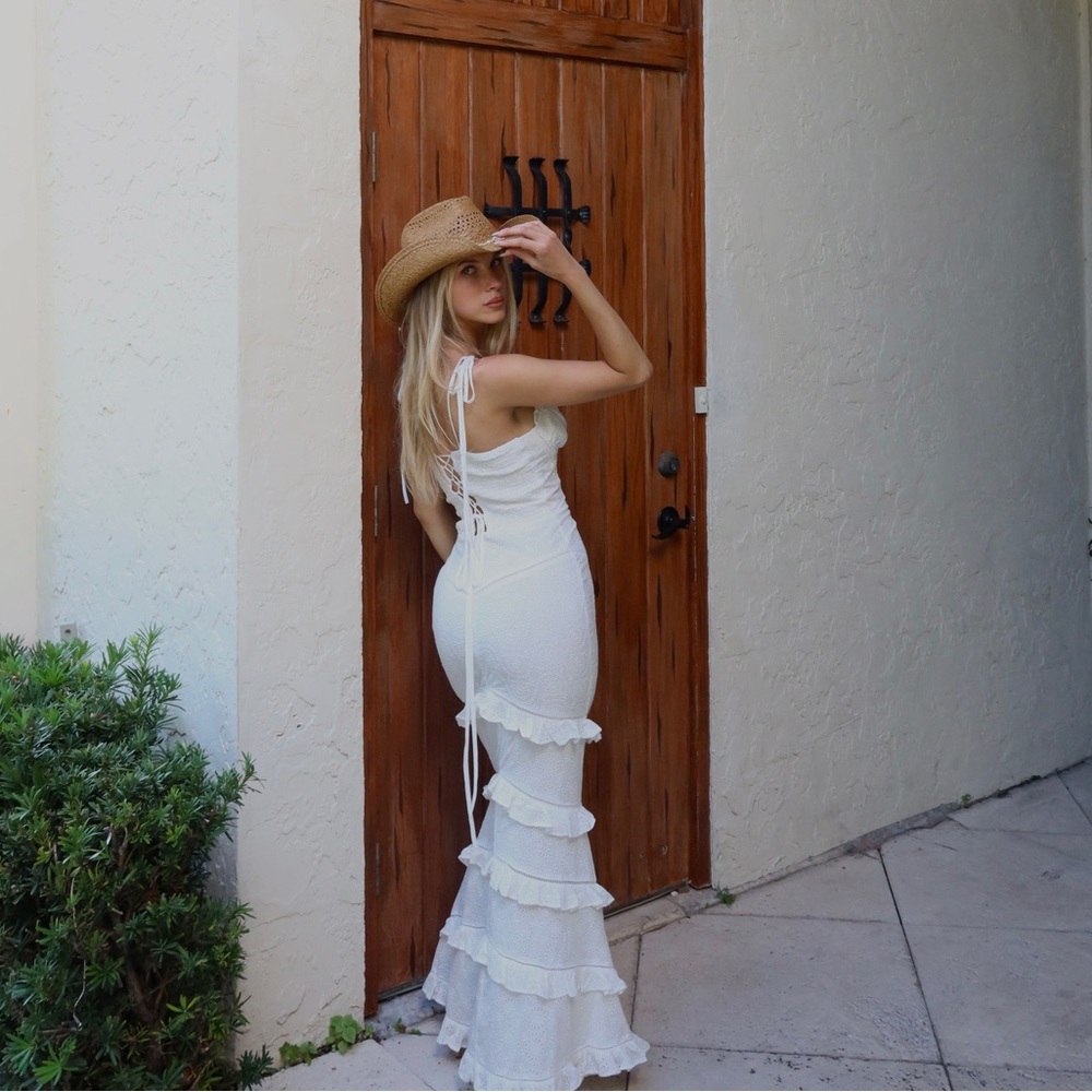 Chiara | White Broderie Rose-Embroidered Ruffled Maxi Dress